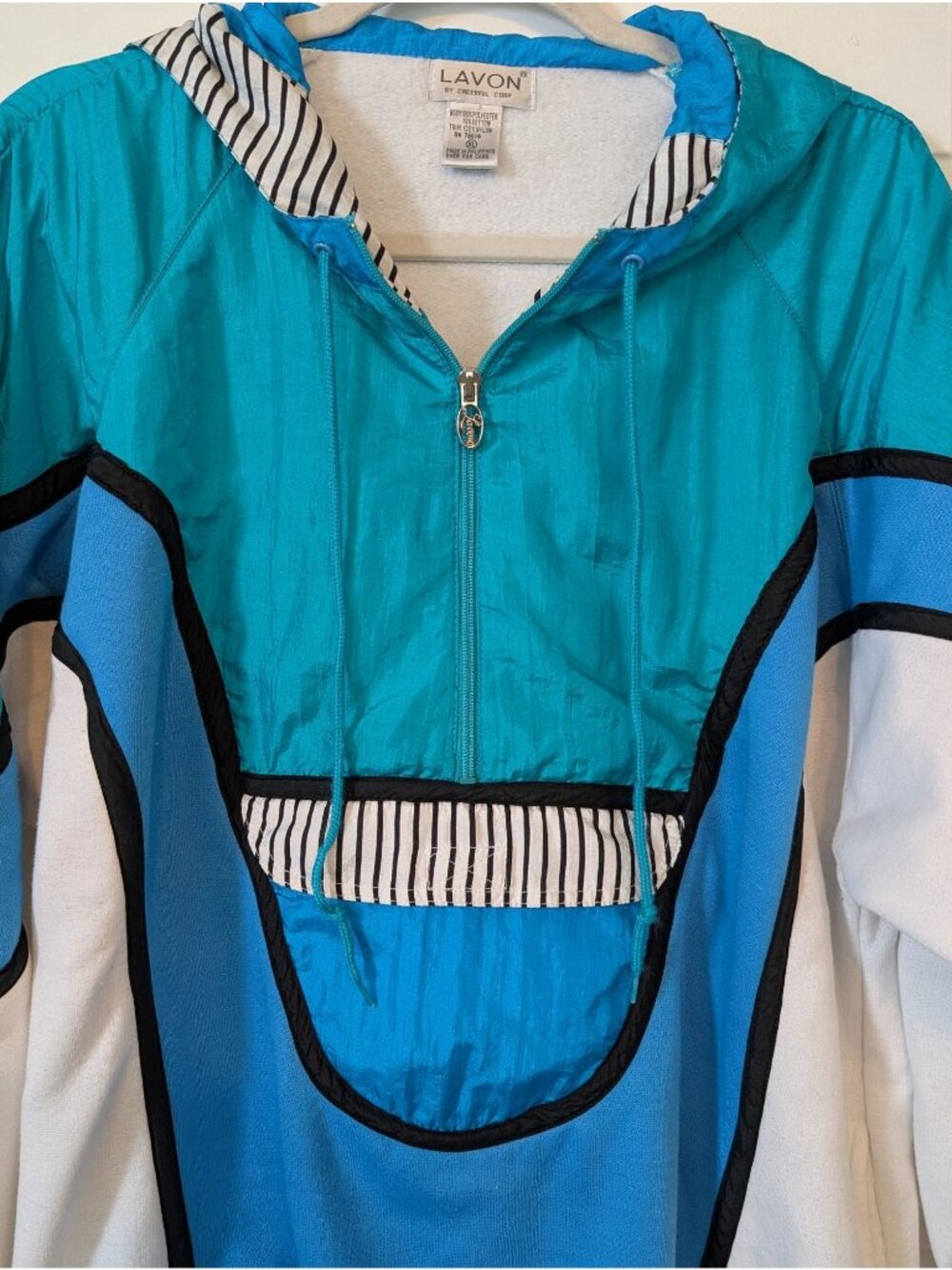 Lavon Vintage Teal White Colorblock Windbreaker Sweatshirt Size XL 80s 90s